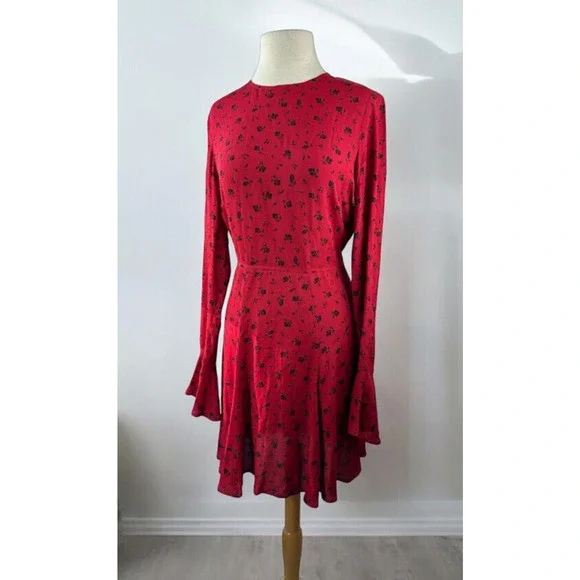 Reformation Red & Black Floral Print Mini Dress Bell Sleeve Ruffle Women's Large - Picture 16 of 16